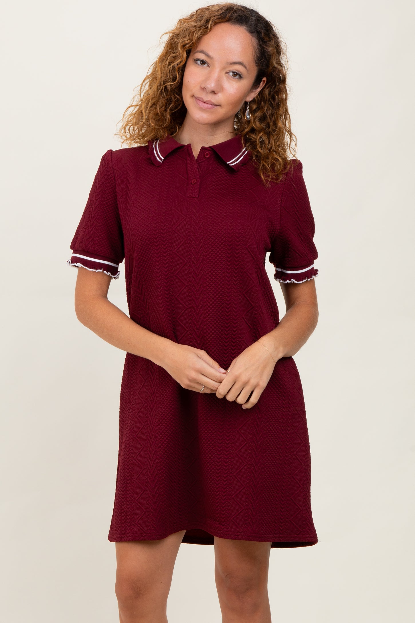 Burgundy Jacquard Ruffle Accent Polo Dress