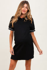 Black Jacquard Ruffle Accent Maternity Polo Dress