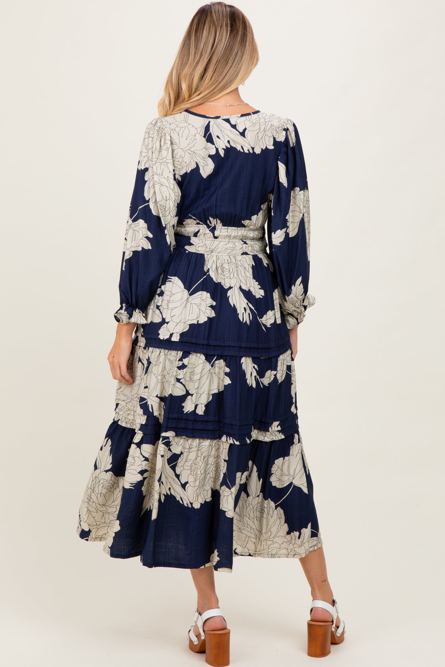 3/4 sleeve floral midi dress Blue 3/4 Length Sleeve Round Neck Natural Summer Floral Midi Dress