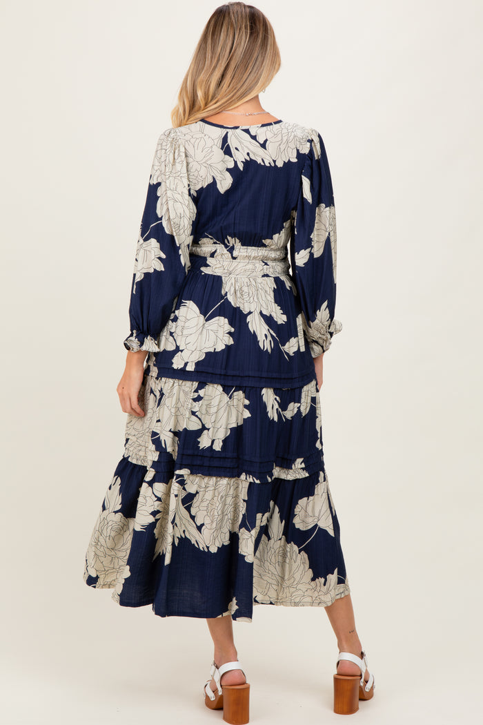 Navy Floral Long 3/4 Sleeve Tiered Maternity Midi Dress