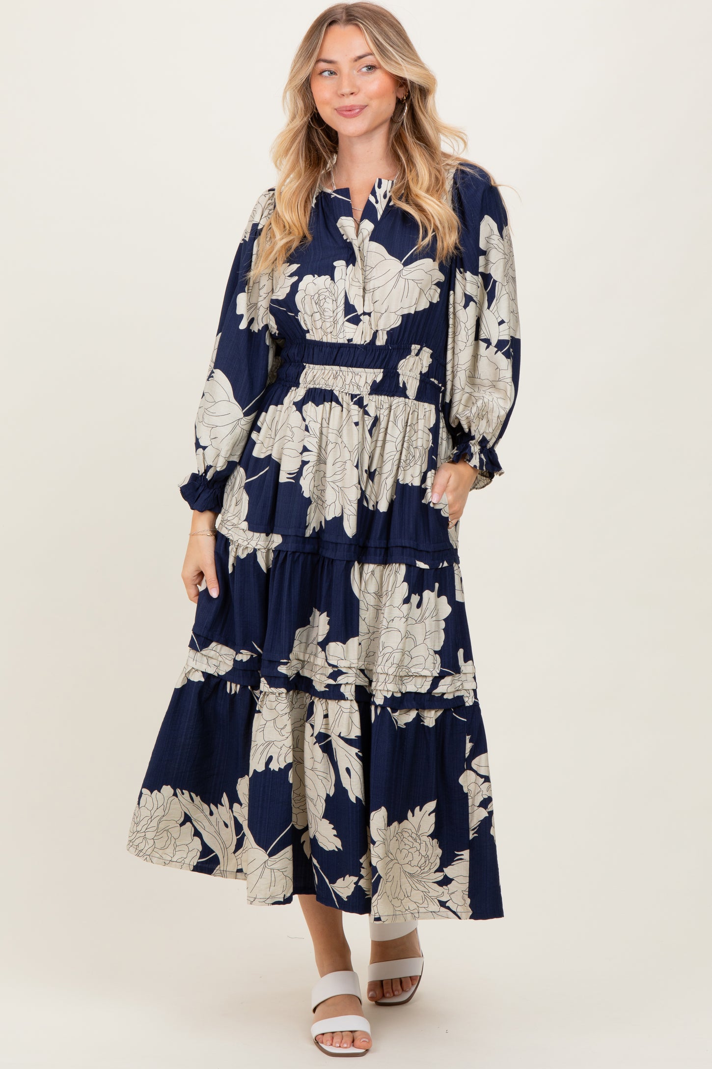 Navy Floral Long 3/4 Sleeve Tiered Midi Dress