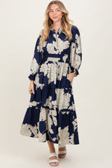 Navy Floral Long 3/4 Sleeve Tiered Maternity Midi Dress