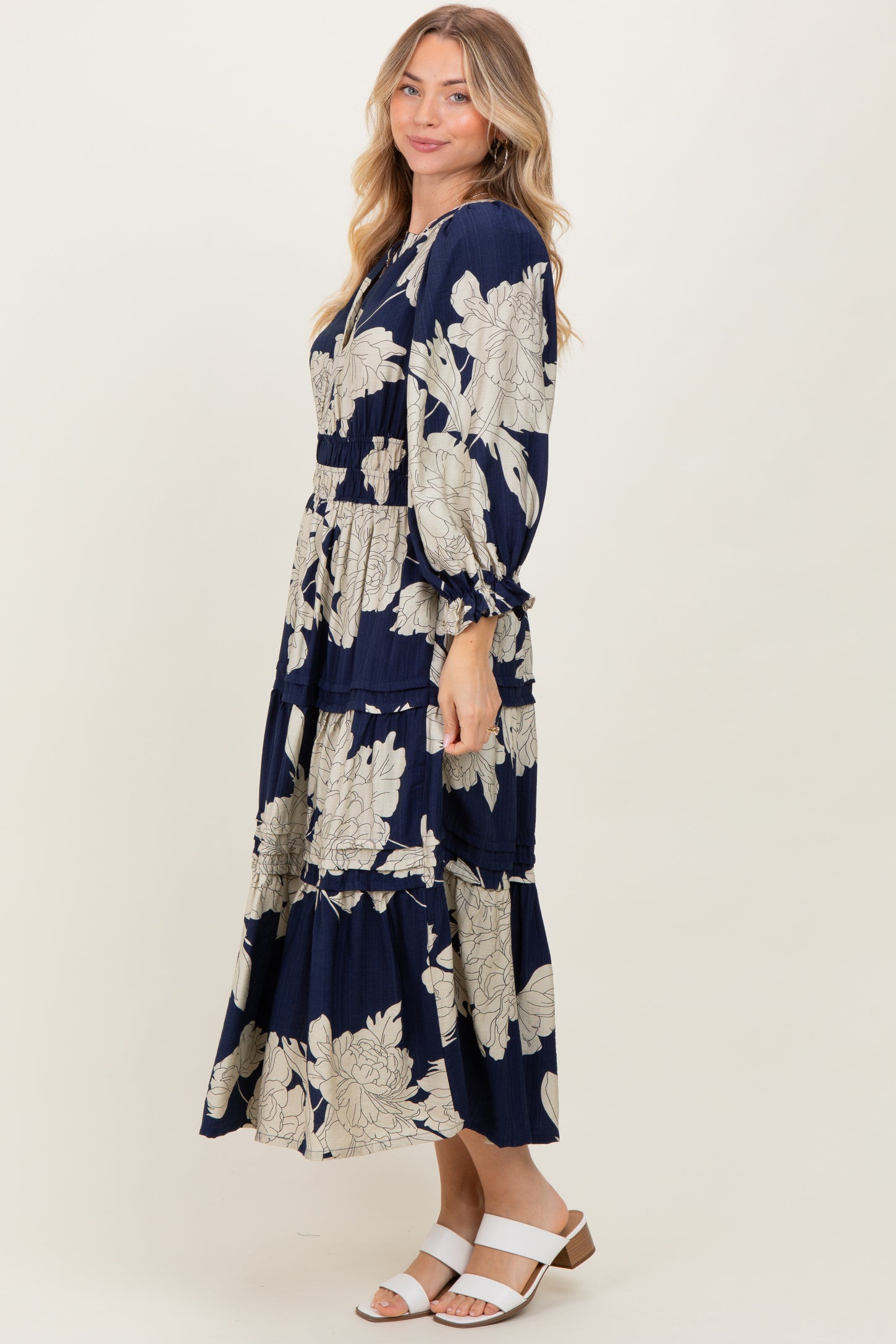 Navy Floral Long 3/4 Sleeve Tiered Midi Dress – PinkBlush