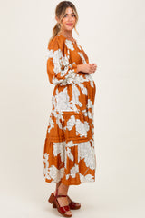 Camel Floral Long 3/4 Sleeve Tiered Maternity Midi Dress