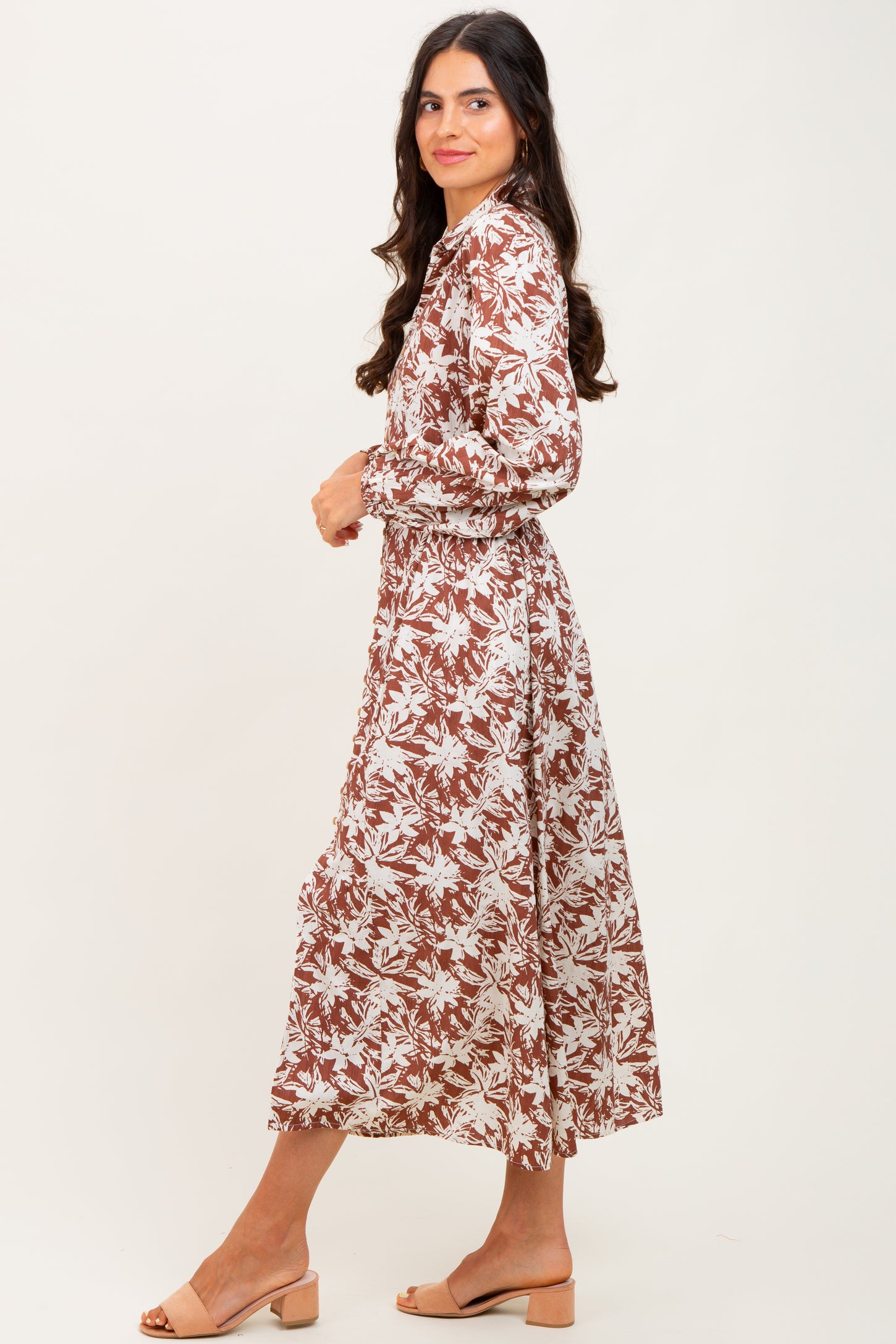 Camel Floral Button Down Long Sleeve Midi Dress