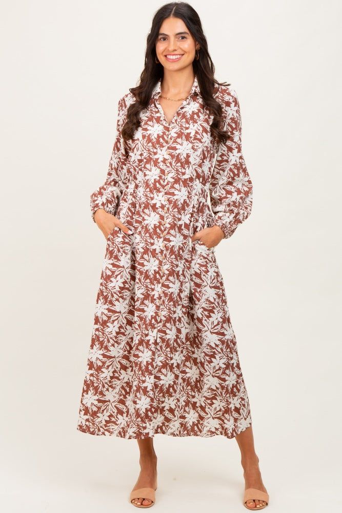 Camel Floral Button Down Long Sleeve Maternity Midi Dress