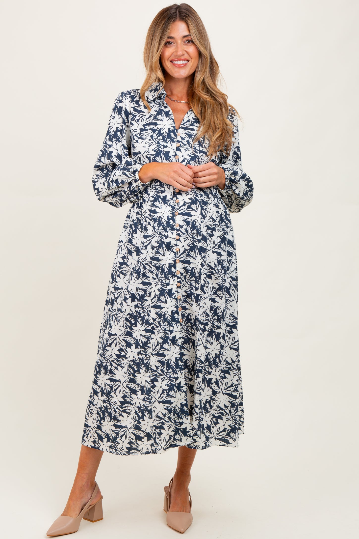 Navy Floral Button Down Long Sleeve Maternity Midi Dress