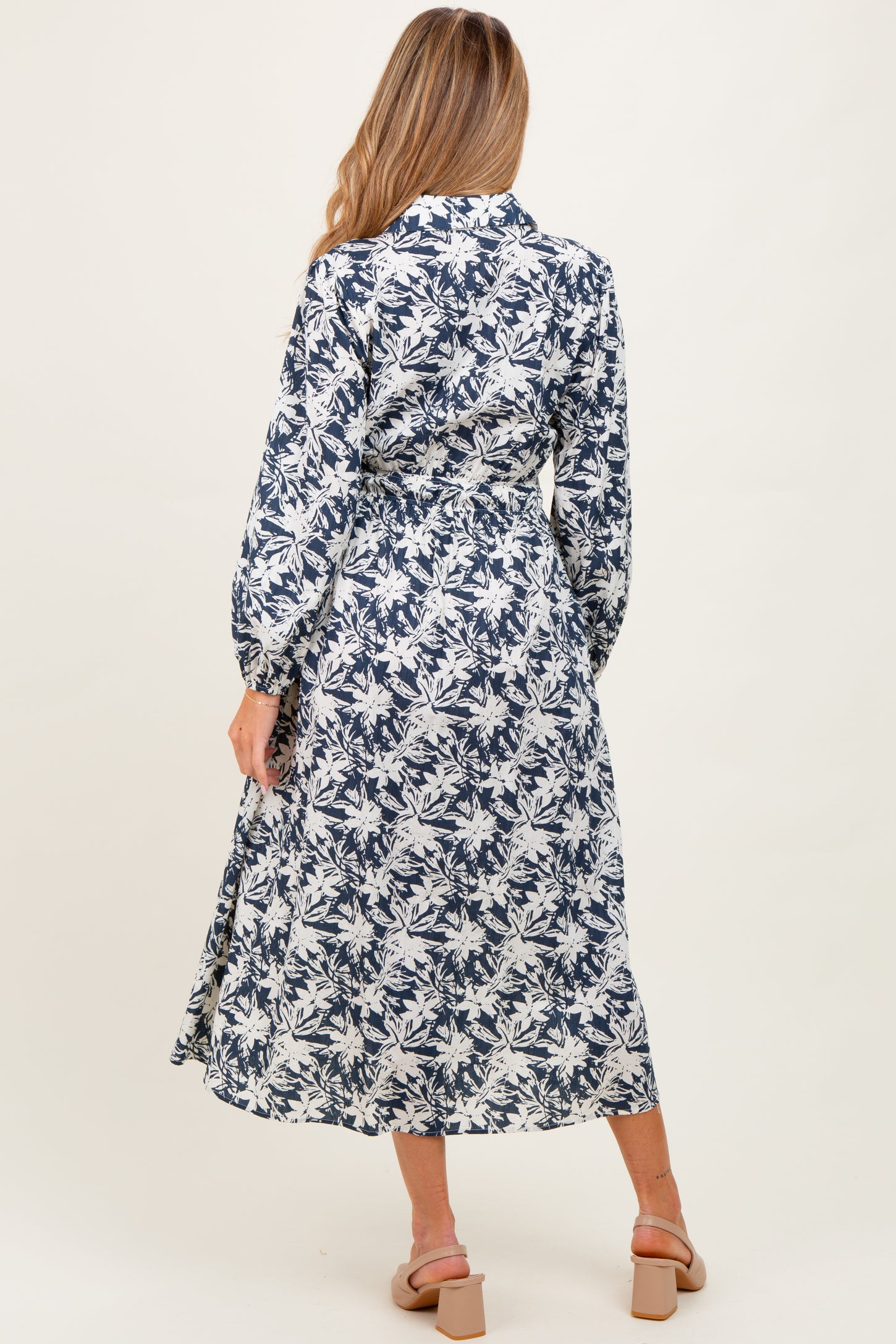 Navy Floral Button Down Long Sleeve Maternity Midi Dress