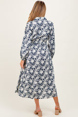 Navy Floral Button Down Long Sleeve Maternity Midi Dress