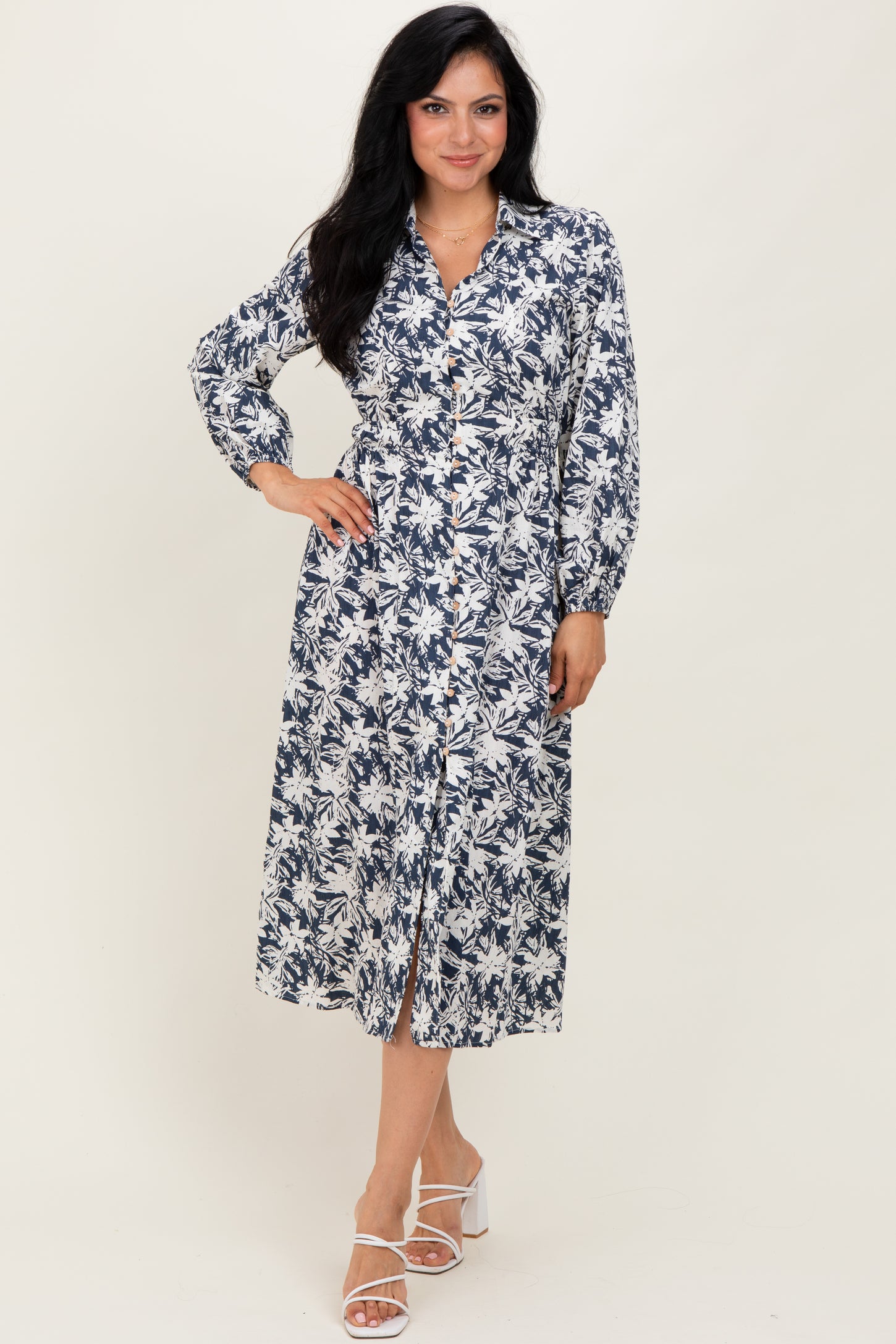 Navy Floral Button Down Long Sleeve Midi Dress