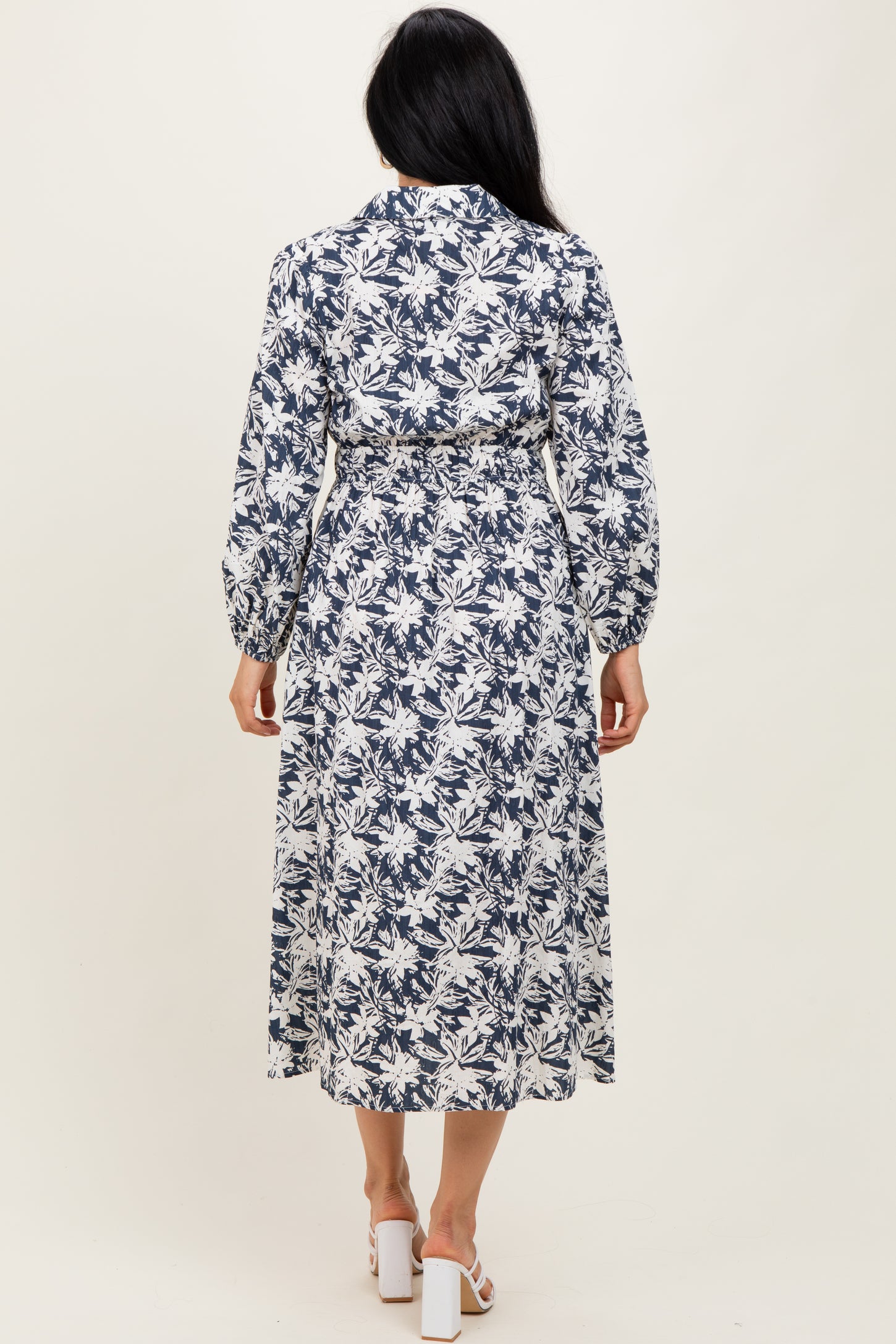 Navy Floral Button Down Long Sleeve Midi Dress