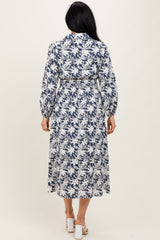 Navy Floral Button Down Long Sleeve Midi Dress
