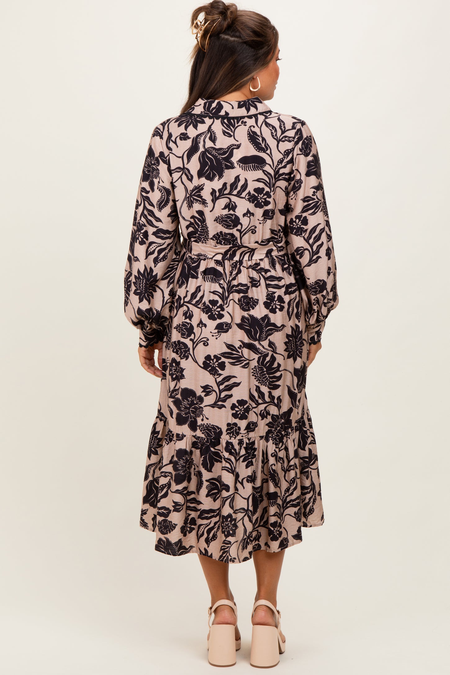 Beige Floral Button Down Bubble Sleeve Maternity Shirt Dress