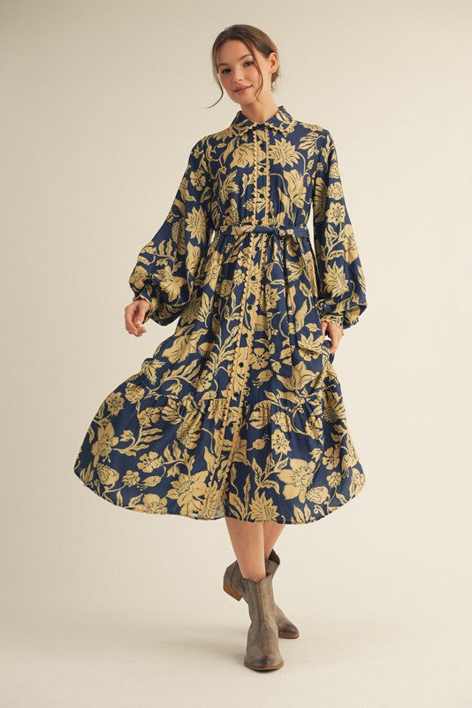 Navy Floral Button Down Bubble Sleeve Shirt Dress