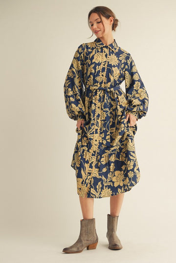 Navy Floral Button Down Bubble Sleeve Shirt Dress