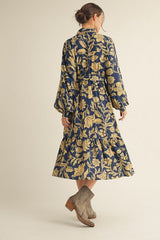 Navy Floral Button Down Bubble Sleeve Shirt Dress