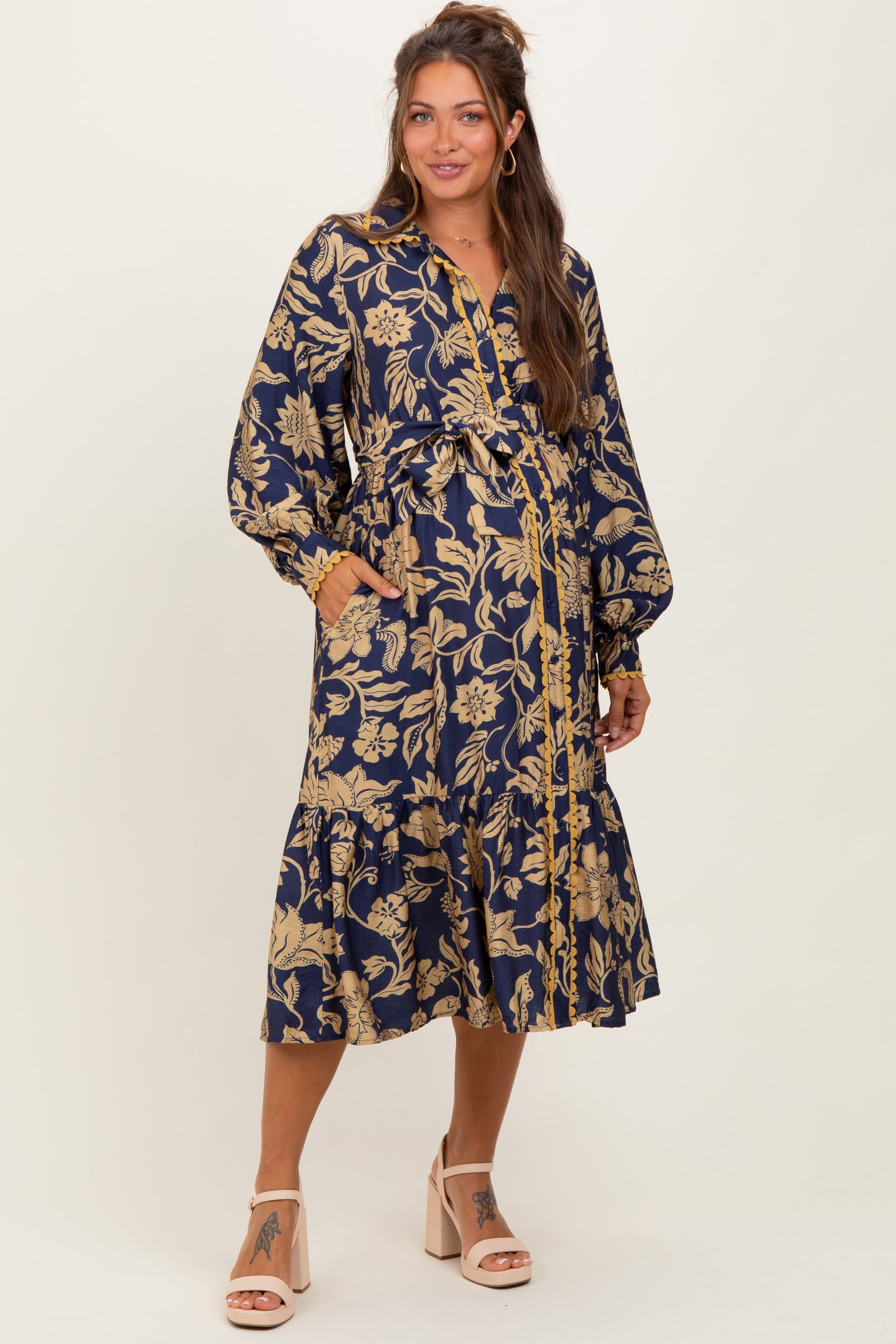 maternity button down shirt dress Collared Button Down Maternity Midi Dress with Pockets L / Light Blue
