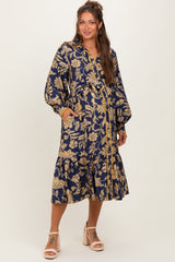 Navy Floral Button Down Bubble Sleeve Maternity Shirt Dress