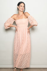 Peach Lace Overlay Smocked Maxi Dress
