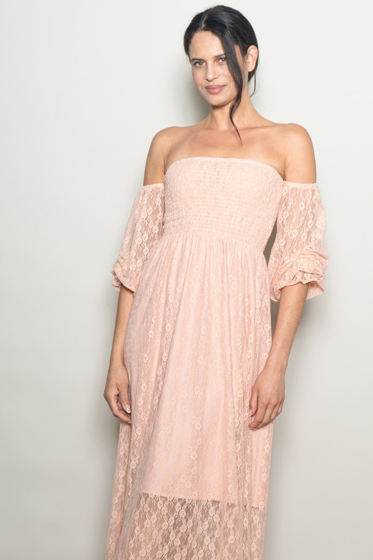 Peach Lace Overlay Smocked Maxi Dress
