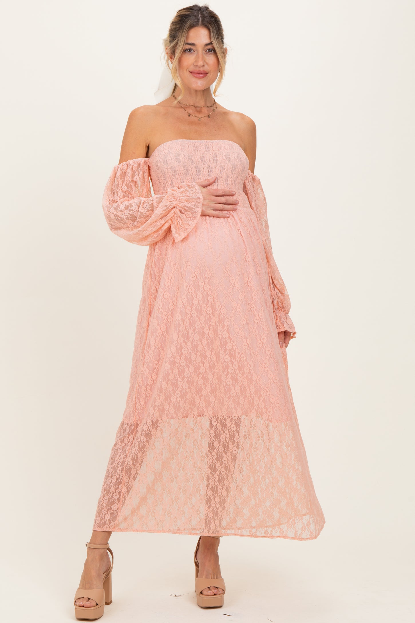 knee length dresses for ladies Pregnancy Chiffon Lace Long Maternity Gown Photoshoot Dress, Pink / S main image 1