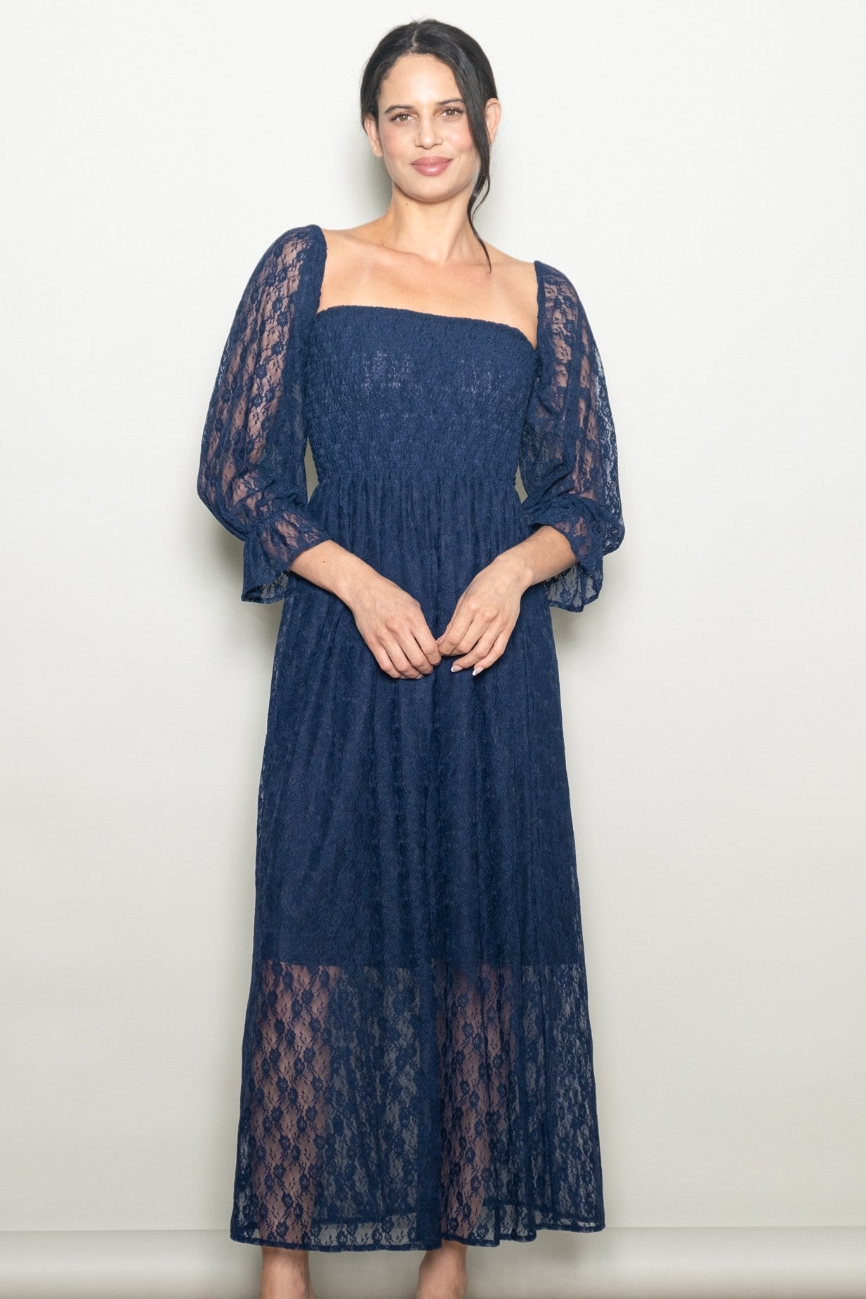 Navy Lace Overlay Smocked Maternity Maxi Dress