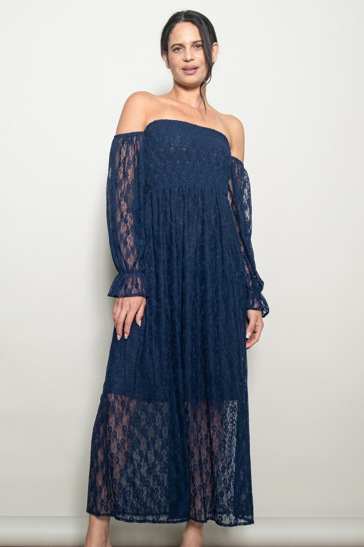Navy Lace Overlay Smocked Maxi Dress