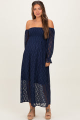 Navy Lace Overlay Smocked Maternity Maxi Dress