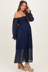 Navy Lace Overlay Smocked Maternity Maxi Dress