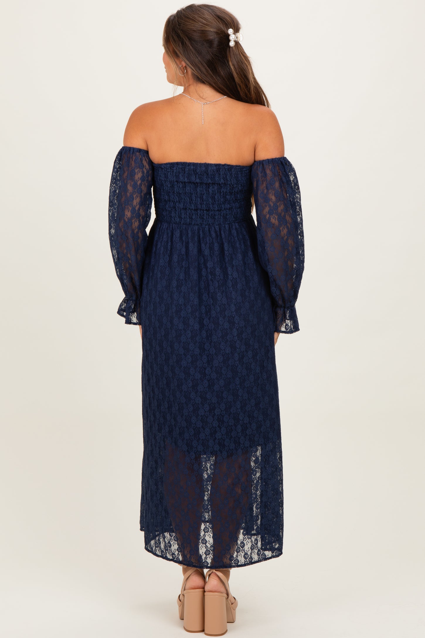 Navy Lace Overlay Smocked Maternity Maxi Dress