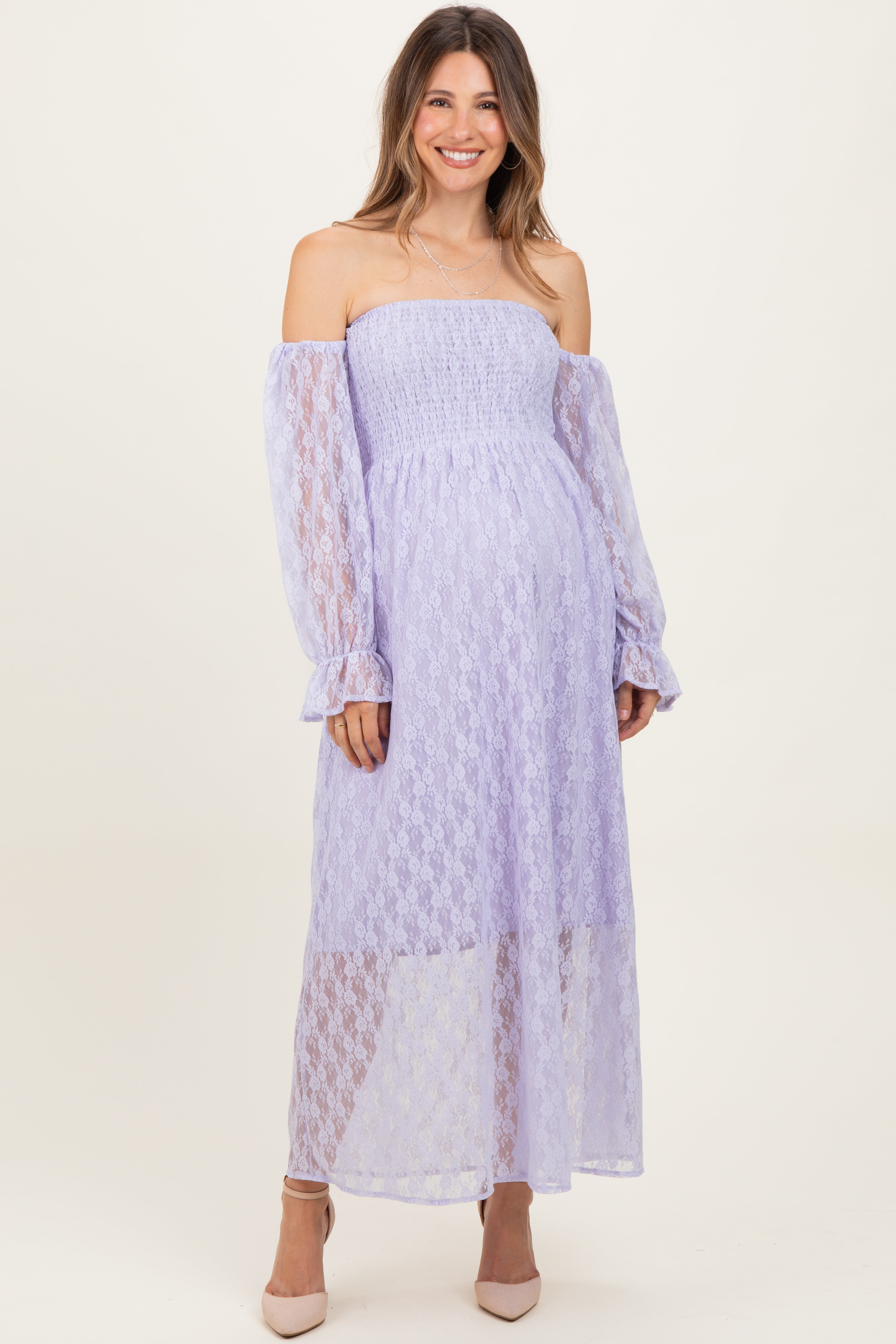 lavender lace maternity dress Lavender Lace Overlay Smocked Maternity Maxi Dress