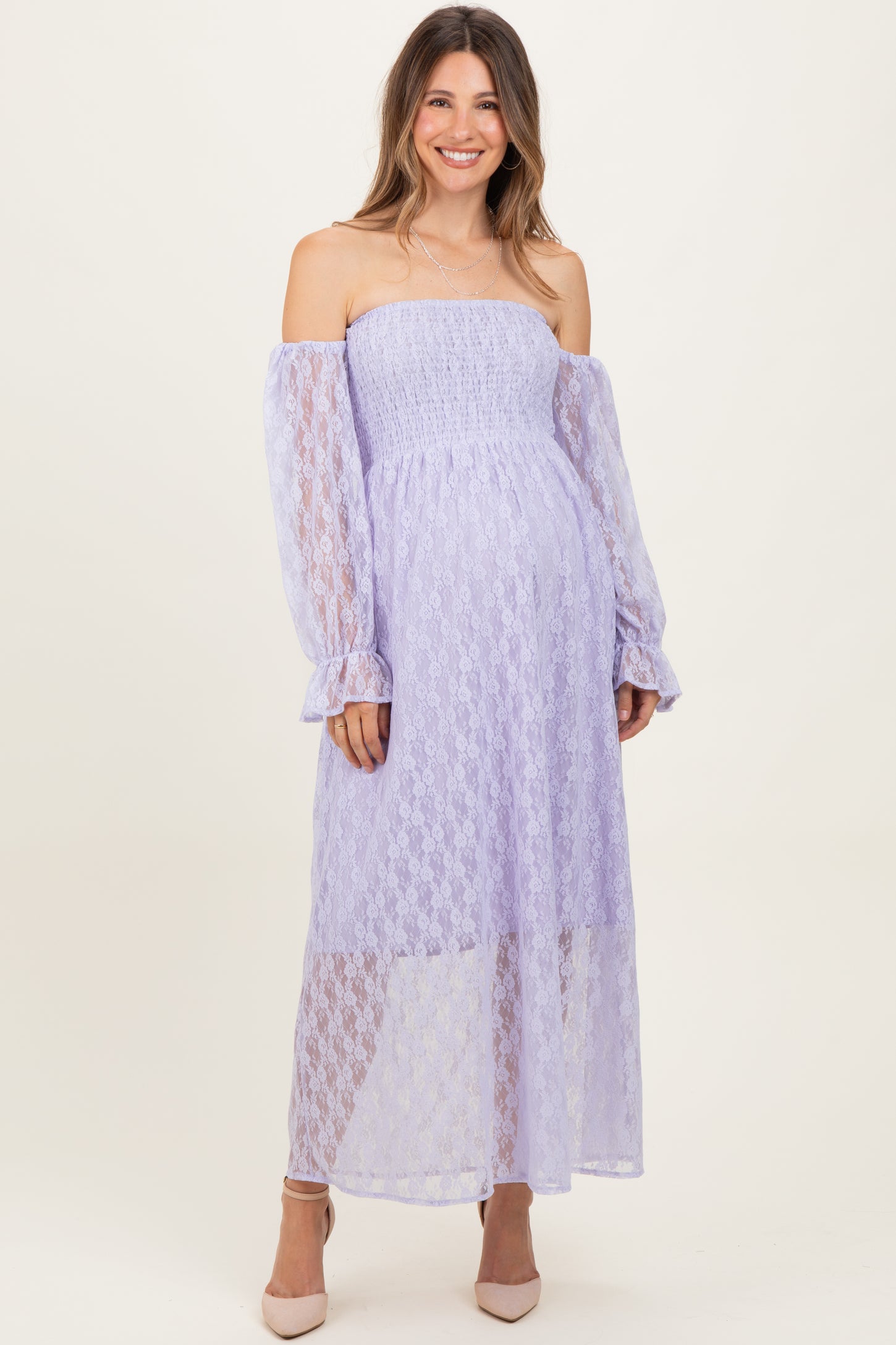 lavender lace dress Lavender Lace Overlay Smocked Maternity Maxi Dress – PinkBlush