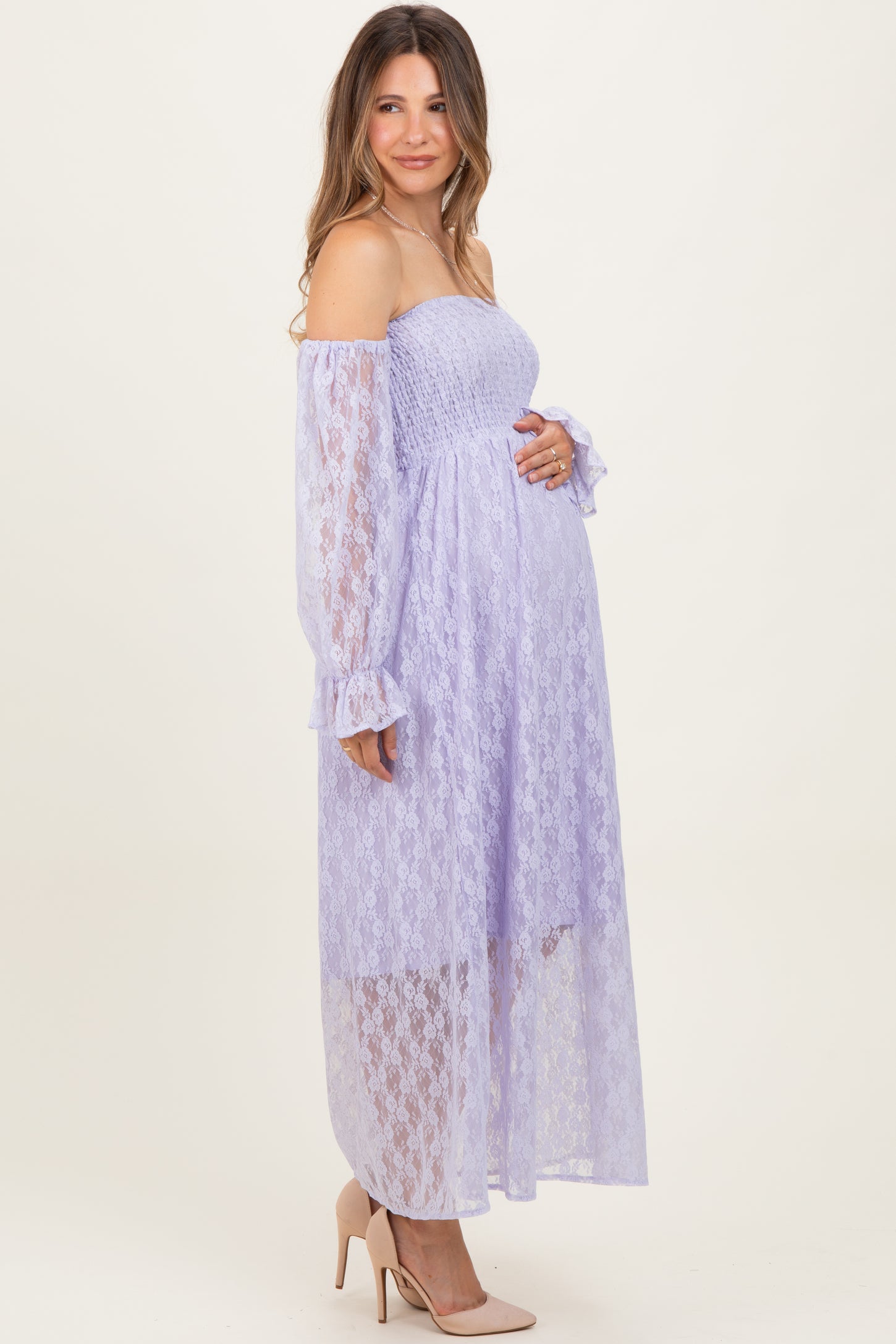 Lavender Lace Overlay Smocked Maternity Maxi Dress Lavender Lace Overlay Smocked Maternity Maxi Dress