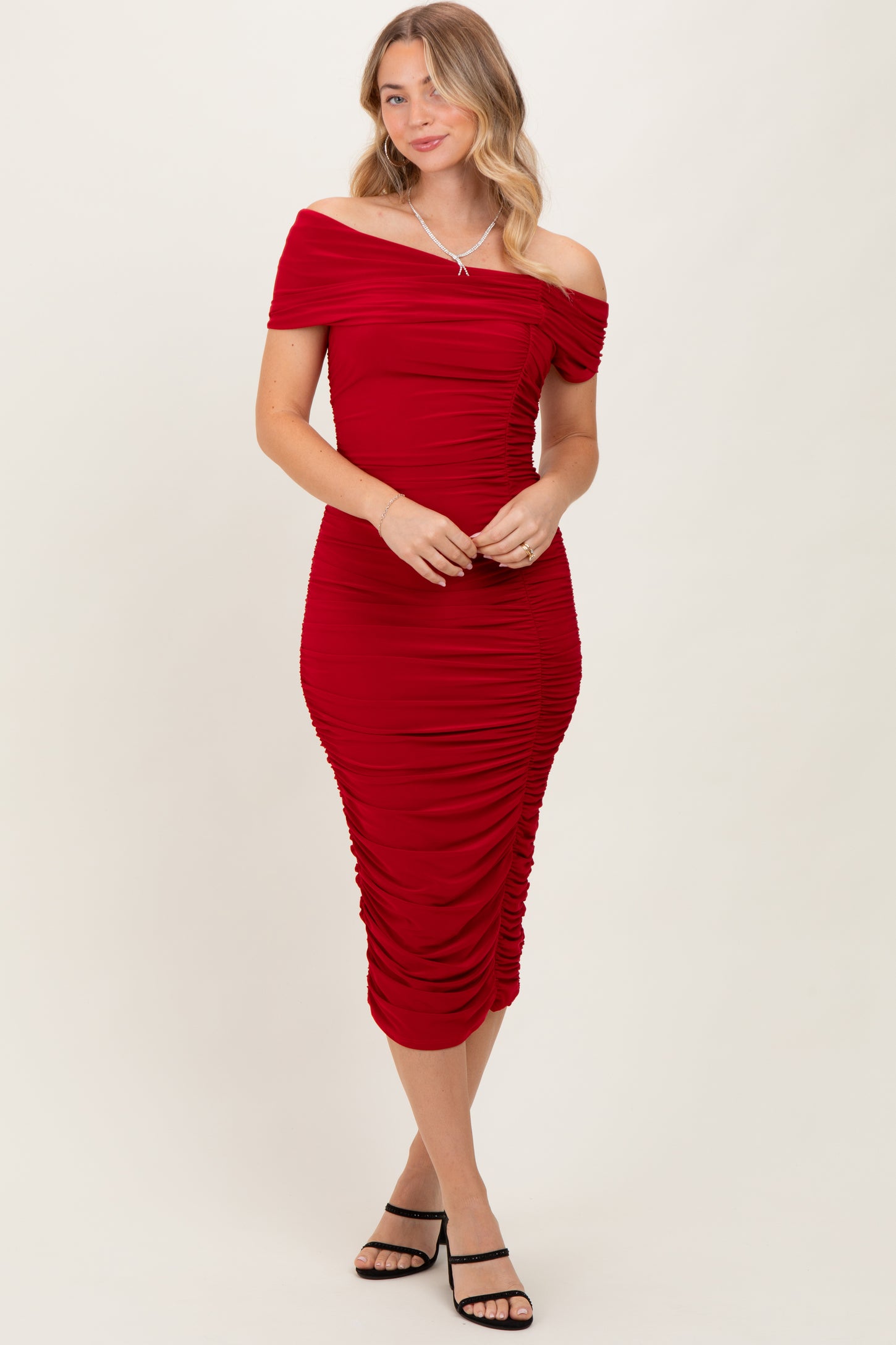 Red Off Shoulder Ruched Maternity Midi Dress