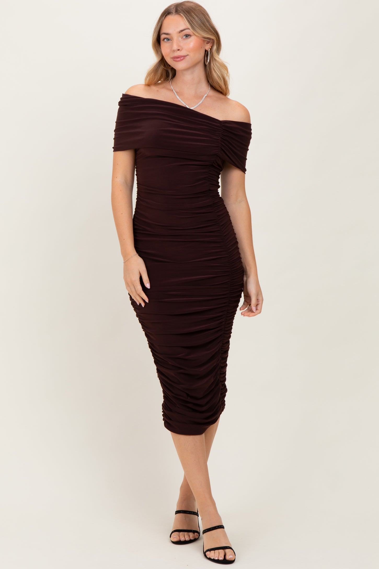 Brown Off Shoulder Ruched Maternity Midi Dress