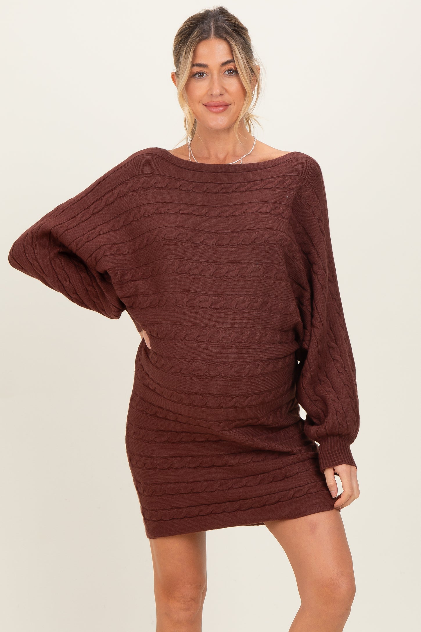 Brown Cable Knit Dolman Sleeve Maternity Sweater Mini Dress