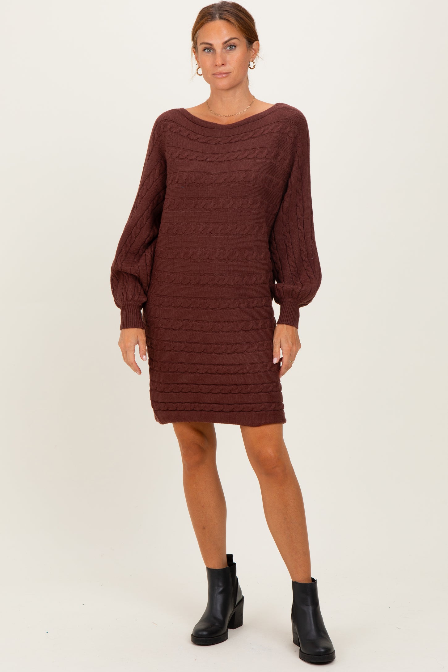 Brown Cable Knit Dolman Sleeve Maternity Sweater Mini Dress Brown Cable Knit Dolman Sleeve Maternity Sweater Mini Dress