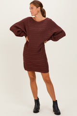 Brown Cable Knit Dolman Sleeve Sweater Mini Dress