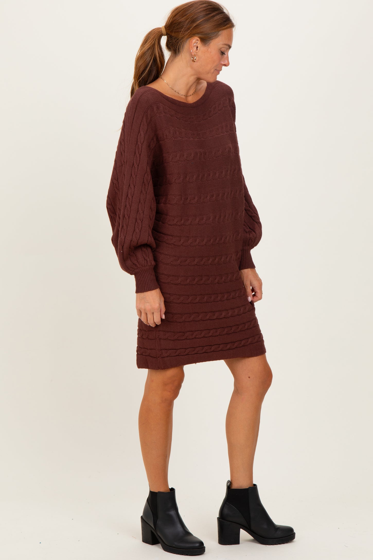 Brown Cable Knit Dolman Sleeve Sweater Mini Dress
