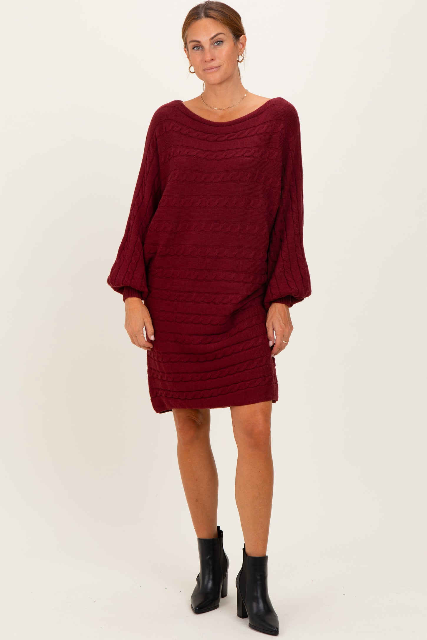 Burgundy Cable Knit Dolman Sleeve Sweater Mini Dress