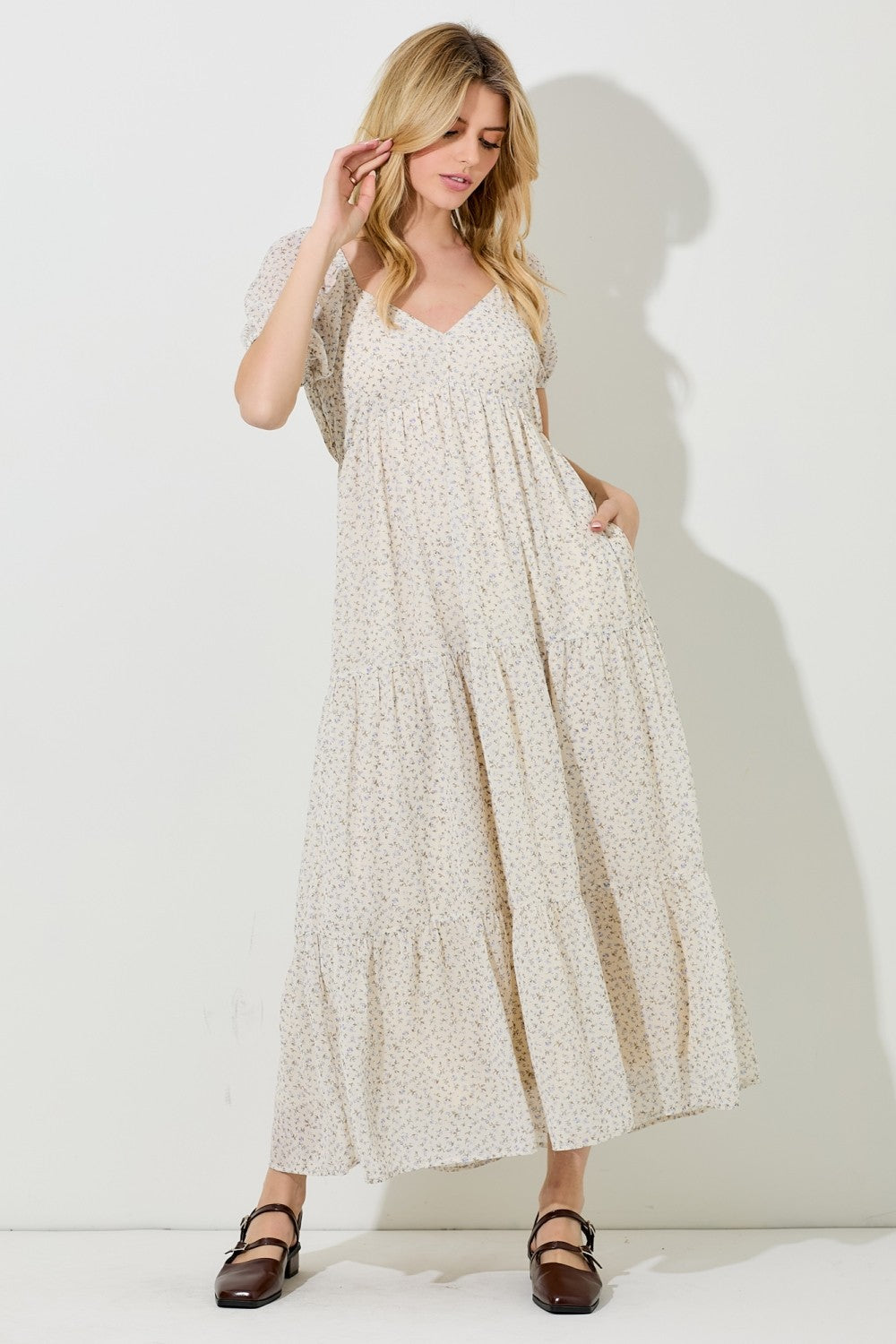 Cream Floral Chiffon Tiered Maxi Dress Cream Floral Chiffon Tiered Maxi Dress