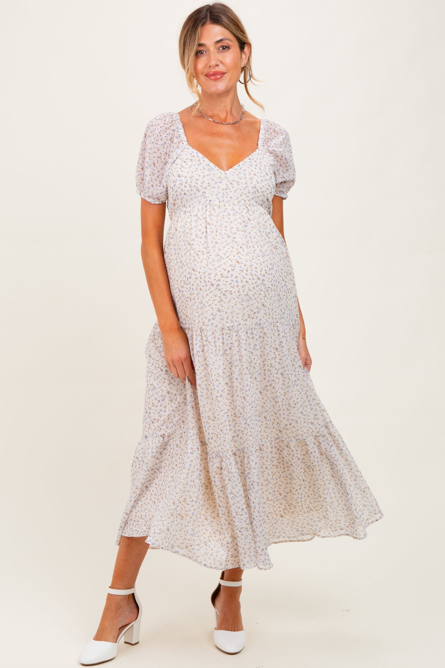 Cream Floral Chiffon Tiered Maternity Maxi Dress PinkBlush Cream Floral Chiffon Tiered Maternity Maxi Dress PinkBlush