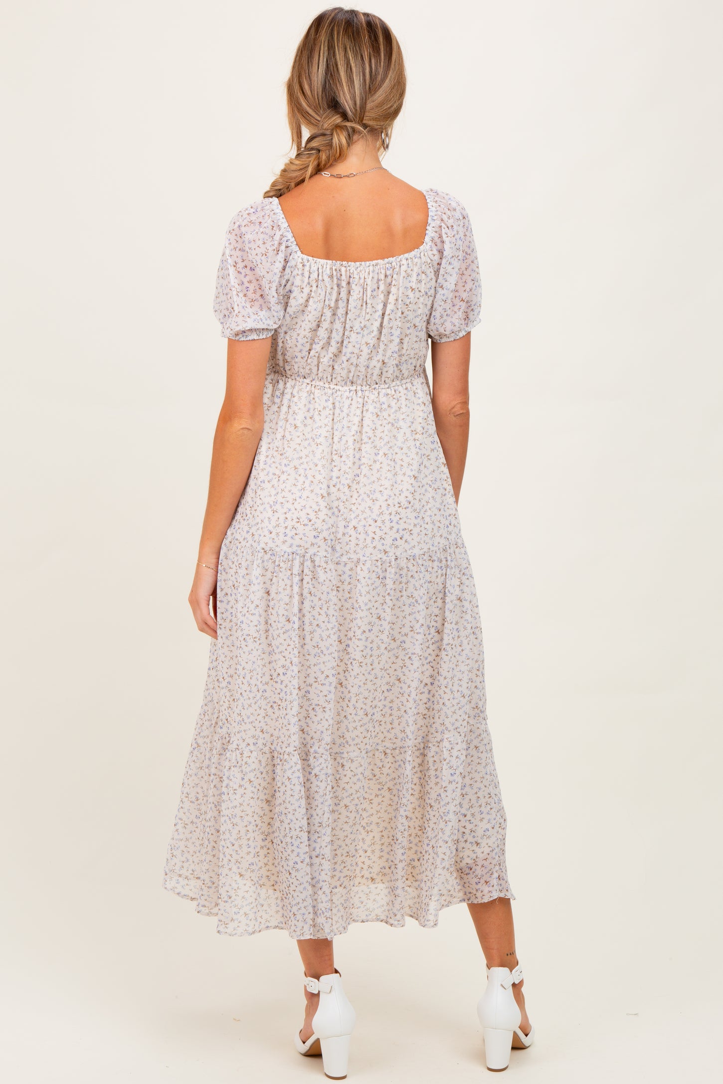 Cream Floral Chiffon Tiered Maternity Maxi Dress