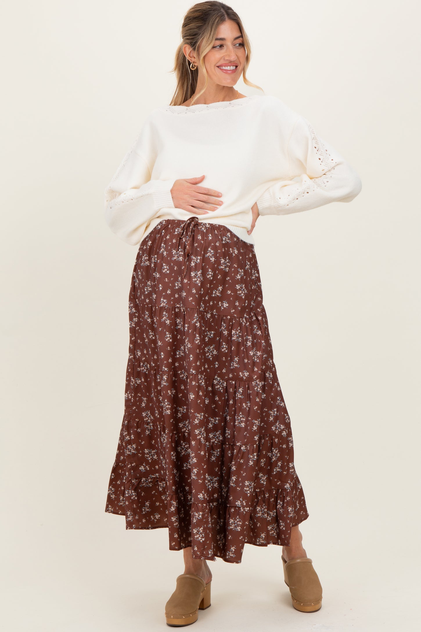 Brown Floral Tiered Maternity Maxi Skirt