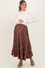 Brown Floral Tiered Maternity Maxi Skirt