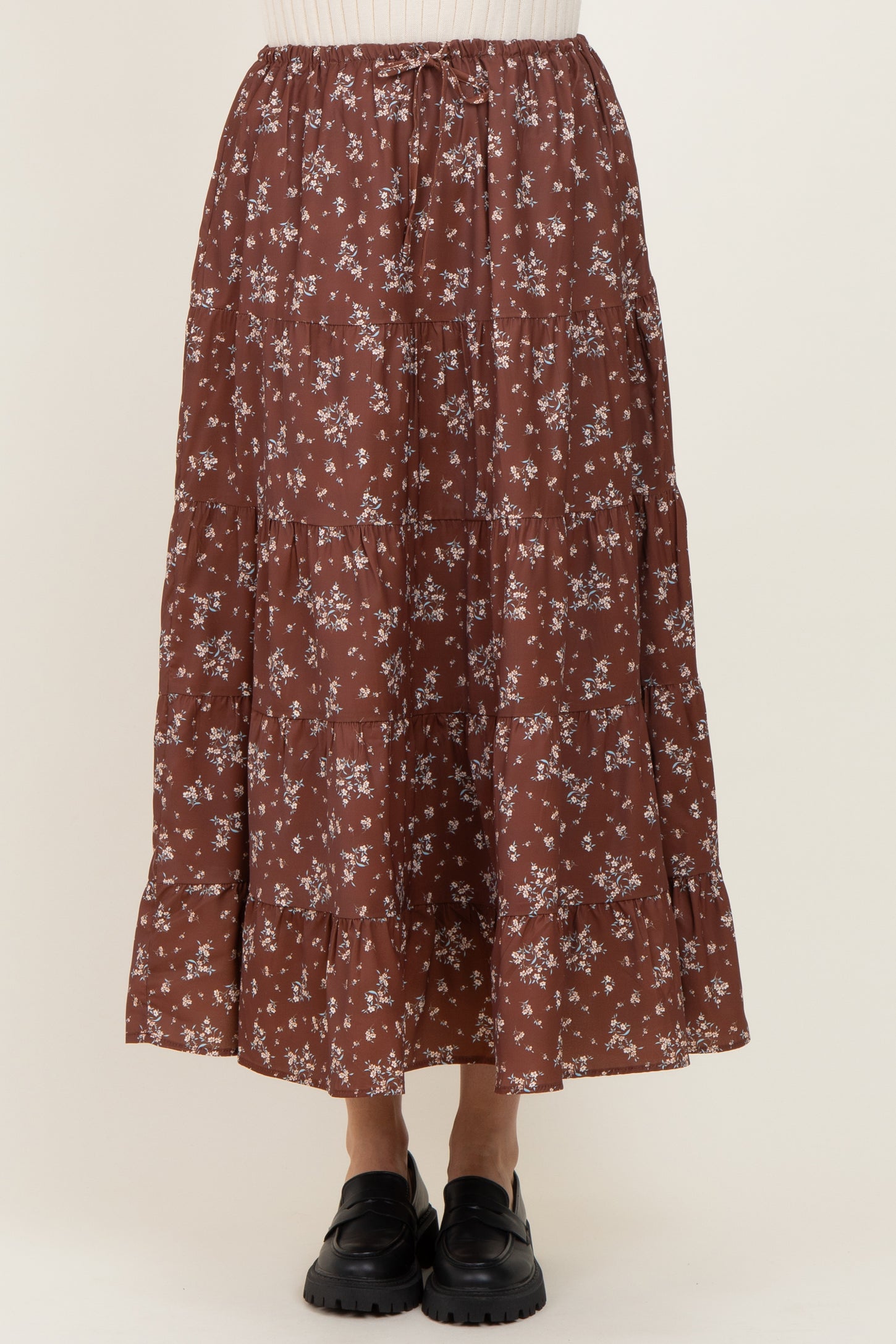 Brown Floral Tiered Maxi Skirt