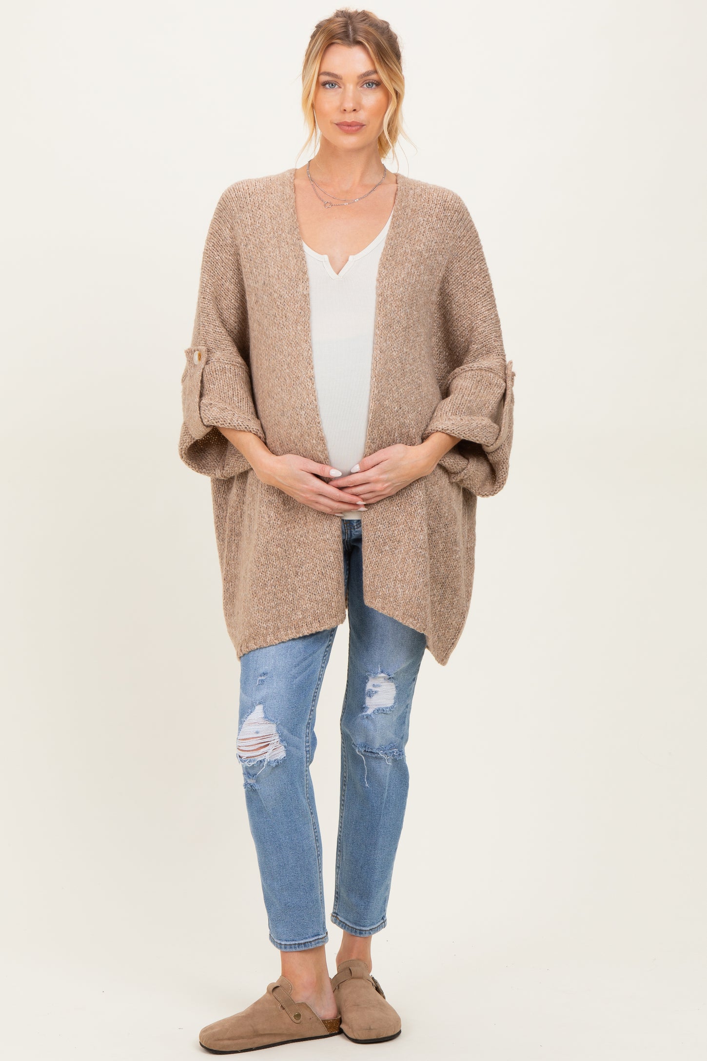Mocha Oversized Cuffed Sleeve Maternity Cardigan