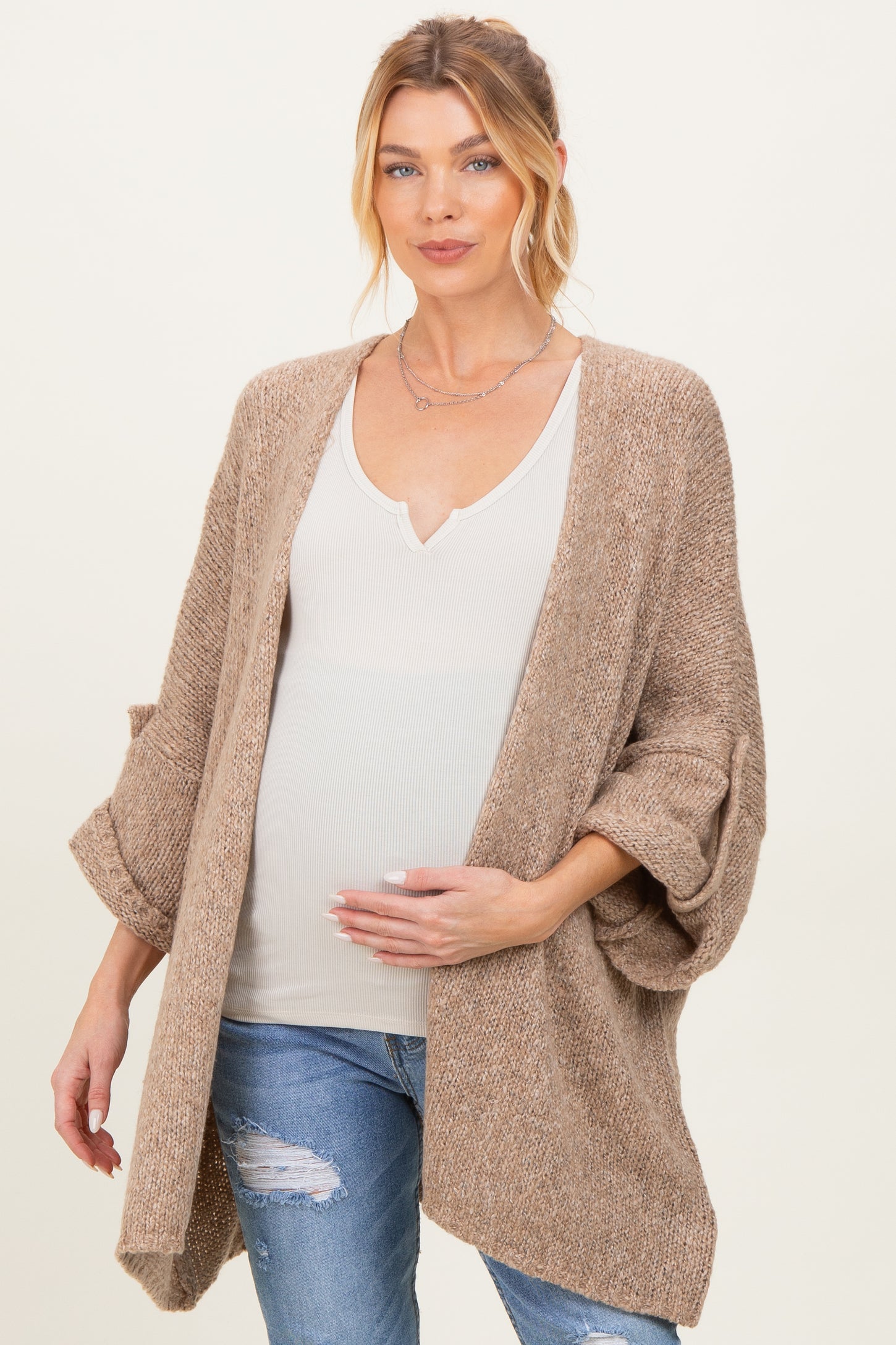 Mocha Oversized Cuffed Sleeve Maternity Cardigan