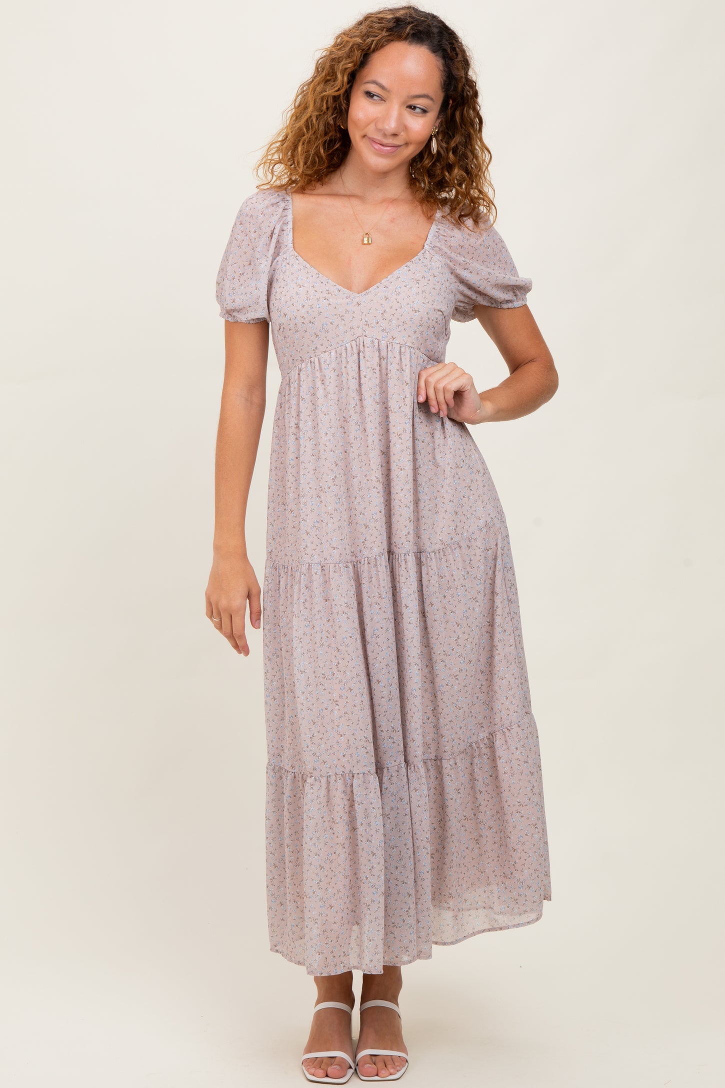 Light Taupe Floral Chiffon Tiered Maternity Maxi Dress