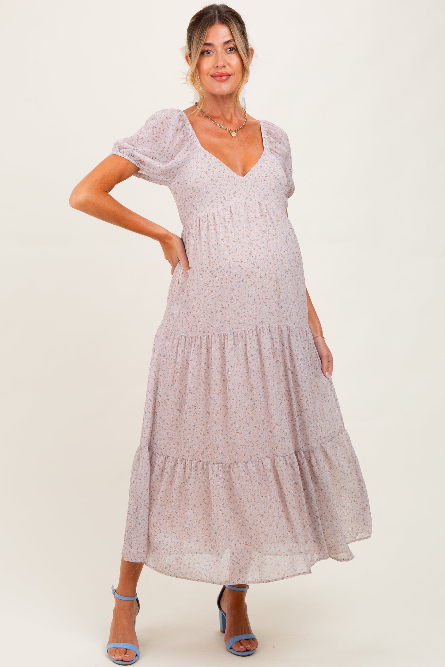 Light Taupe Floral Chiffon Tiered Maternity Maxi Dress